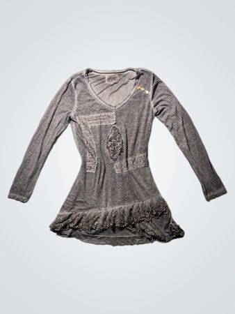 Gray Long-Sleeve Top with Lace Details