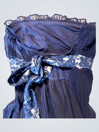 Blue Pleated Dress with Lace Belt