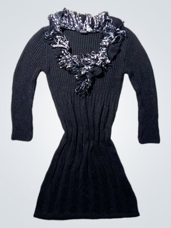 Black Knit Dress with Fringe Detail