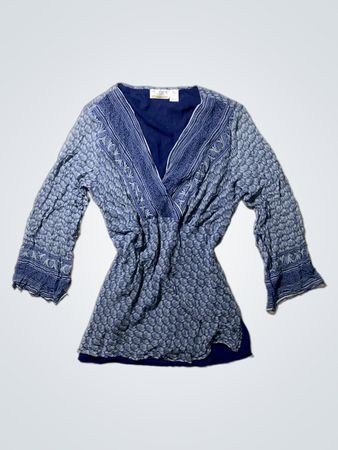 New York & Company Blue Printed Wrap Blouse