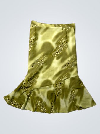 Green Satin Skirt with Floral Pattern