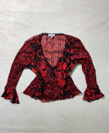 Peyona Red Floral Print Long Sleeve Blouse