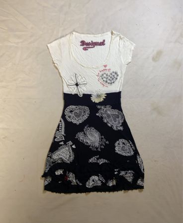 Desigual Women's White and Black Heart Print Dress