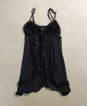 Black sheer babydoll with ruffles and silver polka dots