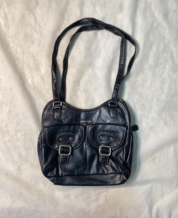 Liz Claiborne Black Faux Leather Shoulder Bag with Buckle Detail