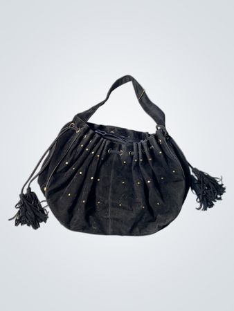 Black Suede Hobo Bag with Gold Studs and Tassels