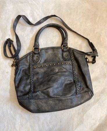 Bueno Black Faux Leather Satchel Handbag with Studs and Braided Accents
