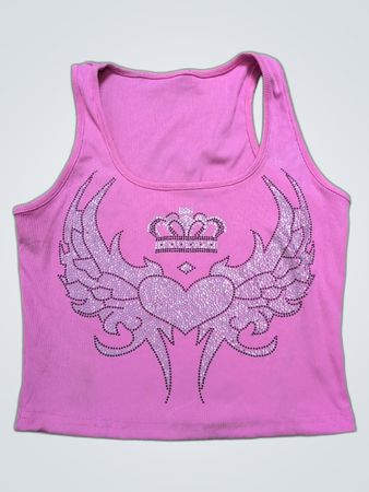 Pink Rhinestone Heart Graphic Cropped Tank Top