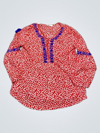 SOLITAIRE Rote Bluse mit floralem Druck und blauer Einfassung