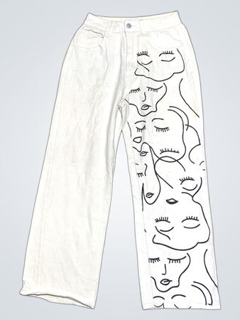 White Wide Leg Jeans with Abstract Face Print