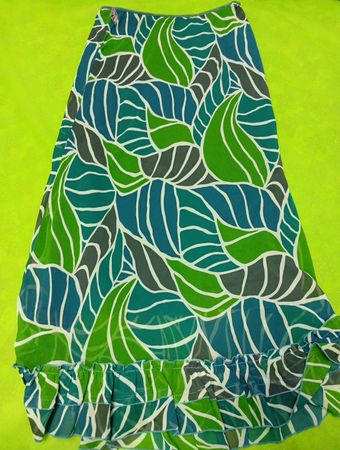 Green and Blue Leaf-Patterned Skirt with Ruffle Hem