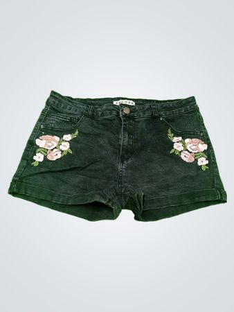 Encore Black Denim Shorts with Floral Embroidery