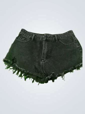 Black Denim Shorts with Frayed Hem and White Embellishments on Pockets
