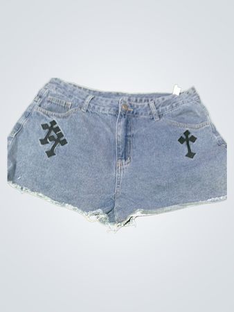 Denim Shorts with Black Cross Embroidery