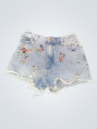 Light Blue Denim Shorts with Floral Embroidery