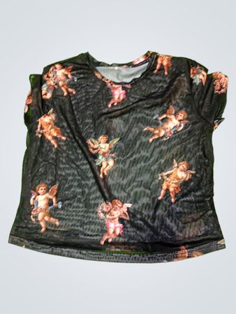 Black Sheer Cherub Print Short Sleeve Top