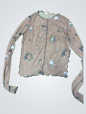 Sheer Long Sleeve Top with Moon and Sun Print