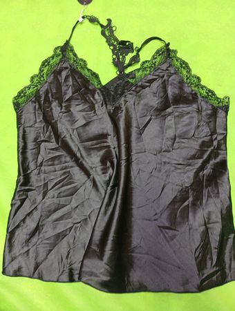 Black Silk Cami with Green Lace Trim