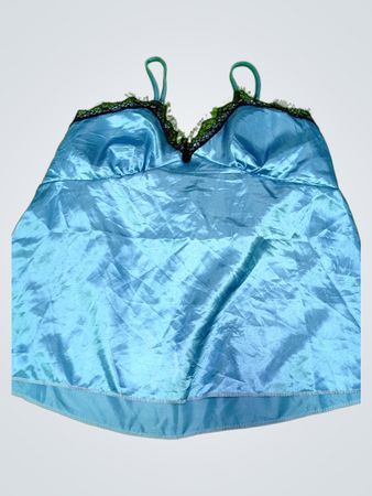 Blue Satin Camisole with Lace Trim