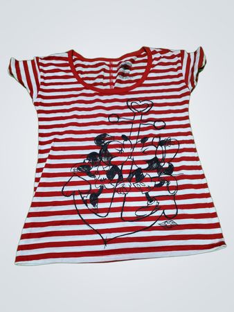 Red and White Striped T-Shirt with Cartoon Design