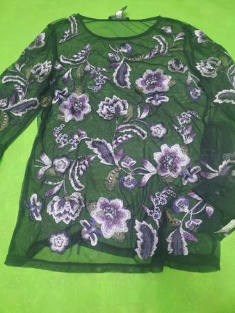Black sheer mesh top with floral embroidery