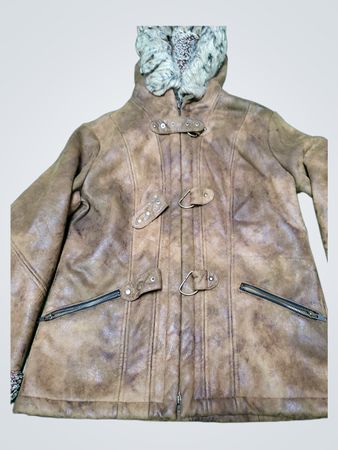 Brown Faux Suede Duffle Coat with Fur Trimmed Hood