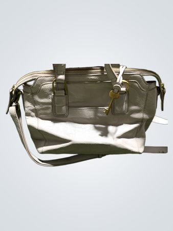 Fossil Grey Leather Satchel Bag with Key Charm