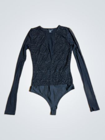 MISA Schwarzer Langärmliger Spitzen-Bodysuit