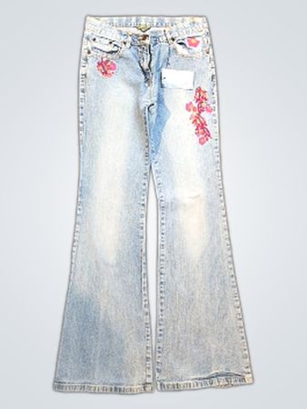 Light Wash Flare Jeans with Pink Floral Embroidery