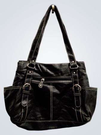 Black Faux Leather Shoulder Bag with Buckle Detail