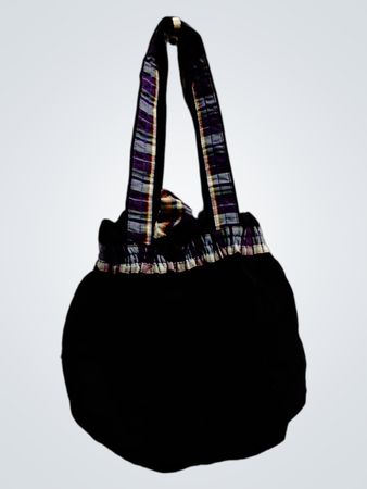 Black handbag with plaid straps and AE logo