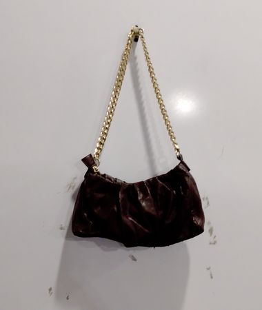 Brown Ruched Shoulder Bag with Gold Chain