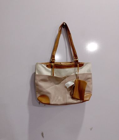 Beige and Tan Tote Bag with Coin Pouch
