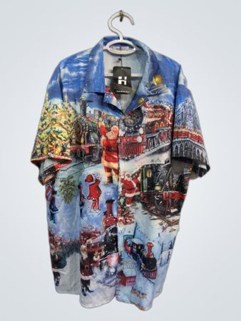 Chemise à manches courtes à boutons avec imprimé train de Noël pour hommes HAWALILI