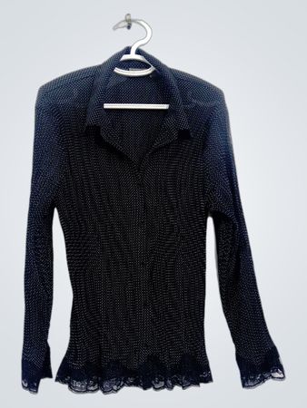 apt.9 Schwarzes Langarmshirt mit Polka-Dots und Spitzenbesatz