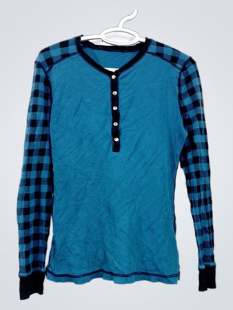 Blau-schwarz kariertes Langarm-Henley-Shirt