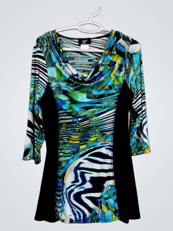 Libra Women's M/M Blue Green Abstract Print Cowl Neck Top