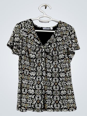 Croft & Barrow Women's Schwarzes Oberteil mit Blumenmuster, kurze Ärmel, V-Ausschnitt, Größe L