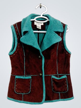 Tasha Polizzi Collection Damenweste aus braunem und türkisfarbenem Wildleder mit Sherpa-Futter