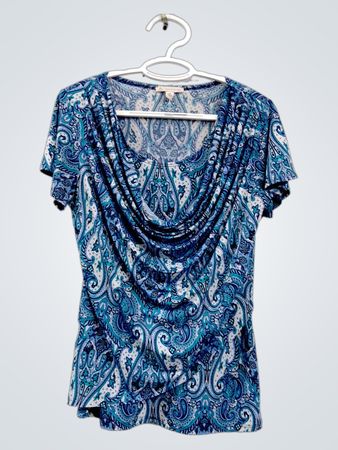 cb established 1962 Blue Paisley Print Cowl Neck Short Sleeve Top