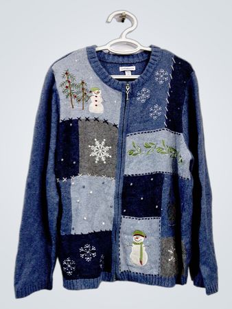 Croft & Barrow Blue Schneemann-Patchwork-Strickcardigan