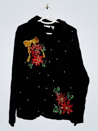 KB & COMPANY Schwarzer Weihnachts-Pullover mit Weihnachtssternblüten und Schleife