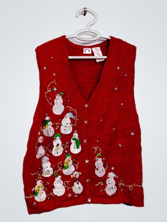 Rotes ärmelloses Weste mit Schneemann-Weihnachtsdekorationen