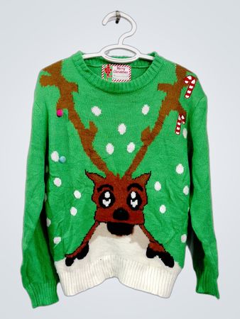 Grüner Weihnachts-Pullover mit Rentier- und Zuckerstangenmuster