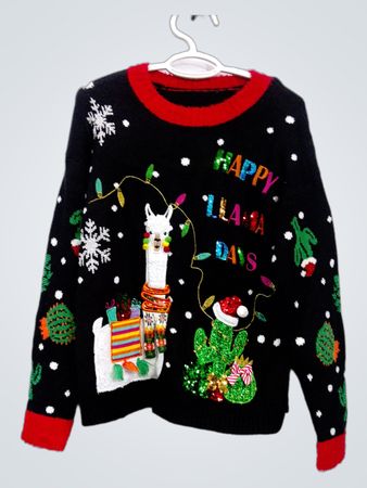 Schwarzer hässlicher Weihnachtspullover "Happy Llama Days