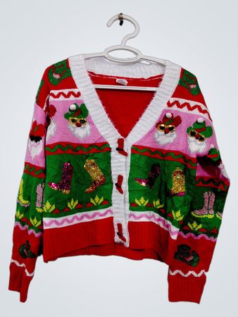Hässlicher Weihnachtspullover-Cardigan mit Weihnachtsmann und Cowboy-Stiefeln