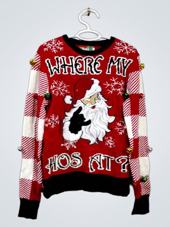 Spencer's Workshop "WHERE MY HOS AT?" Hässlicher Weihnachtspullover mit Santa und Glocken