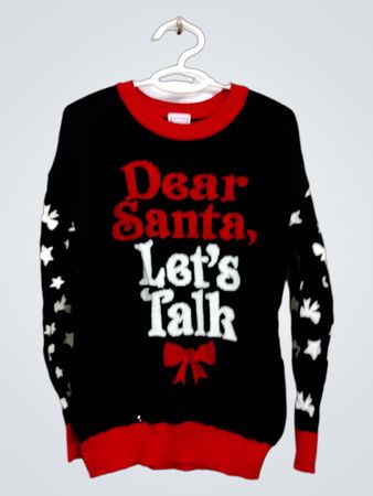 Schwarz-roter „Lieber Weihnachtsmann, lass uns reden“-Pullover mit Sternen und Schleifen