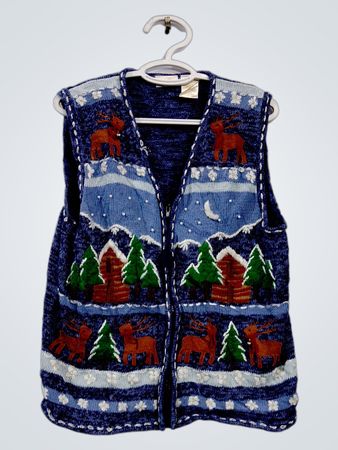 Bobbie Brooks Blue Christmas Weste mit Rentieren und Häusern