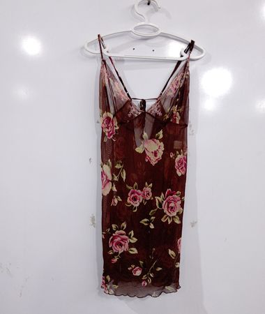 Braun geblümtes, transparentes Unterkleid mit Spaghettiträgern